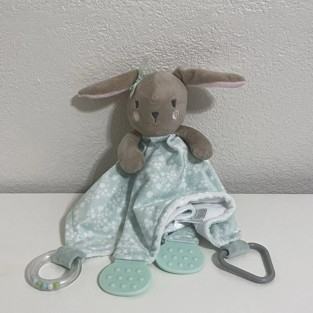 Modern Baby Green Floral Bunny Rabbit Baby Security Blanket Lovey Teether Rattle